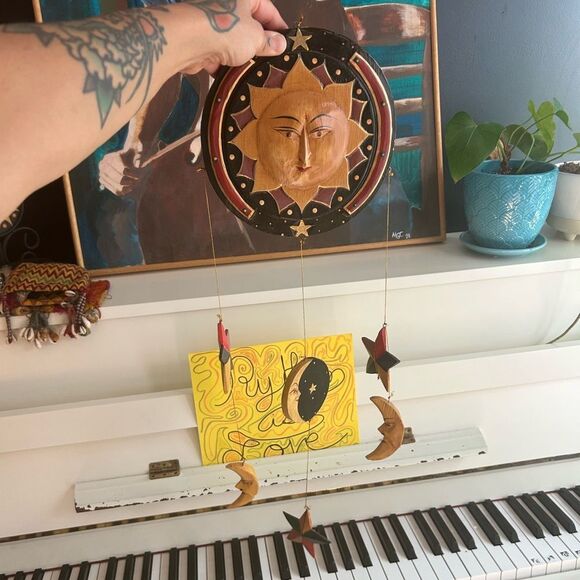 Hand Carved Wooden Star and Moon Ornament Mobile Vintage 90s Indonesia 28.5" - Picture 2 of 16